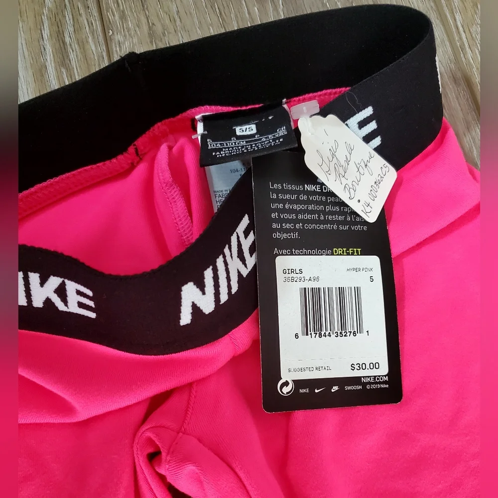 Girl's Nike Hot Pink athletic Leggings, White Swoosh Black Waistband Size 5 Or 6